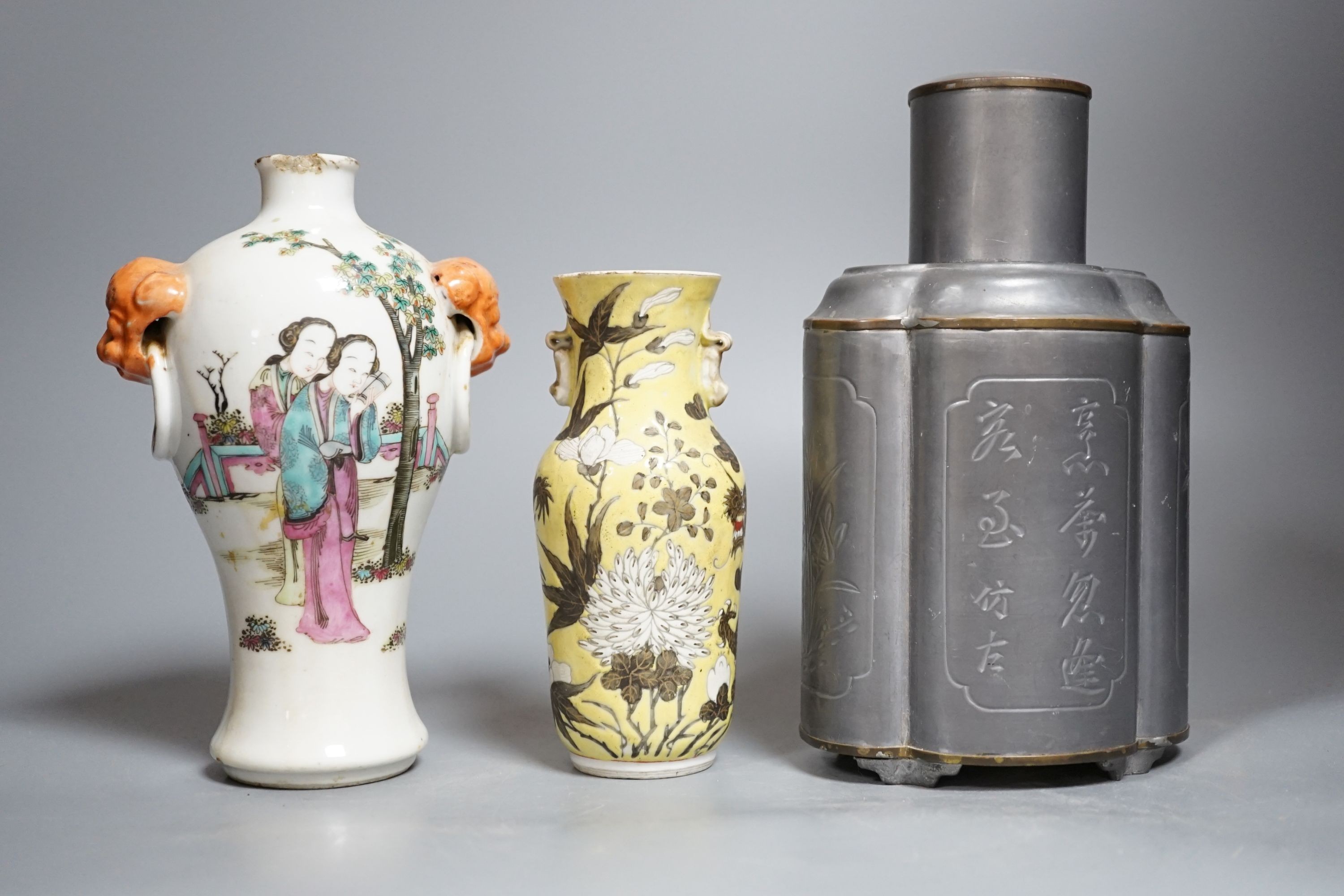 Two 19th century Chinese vases and a 20th century Chinese pewter caddy 22cm